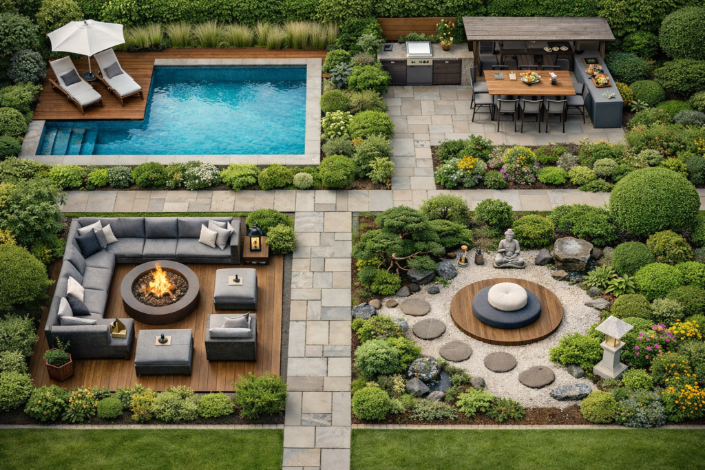 An AI generated botanical bento garden concept, showing a pool area, an outdoor kitchen and dining area, an outdoor seating area with a fire pit, and a mindfulness area, with a paved pathway between each area