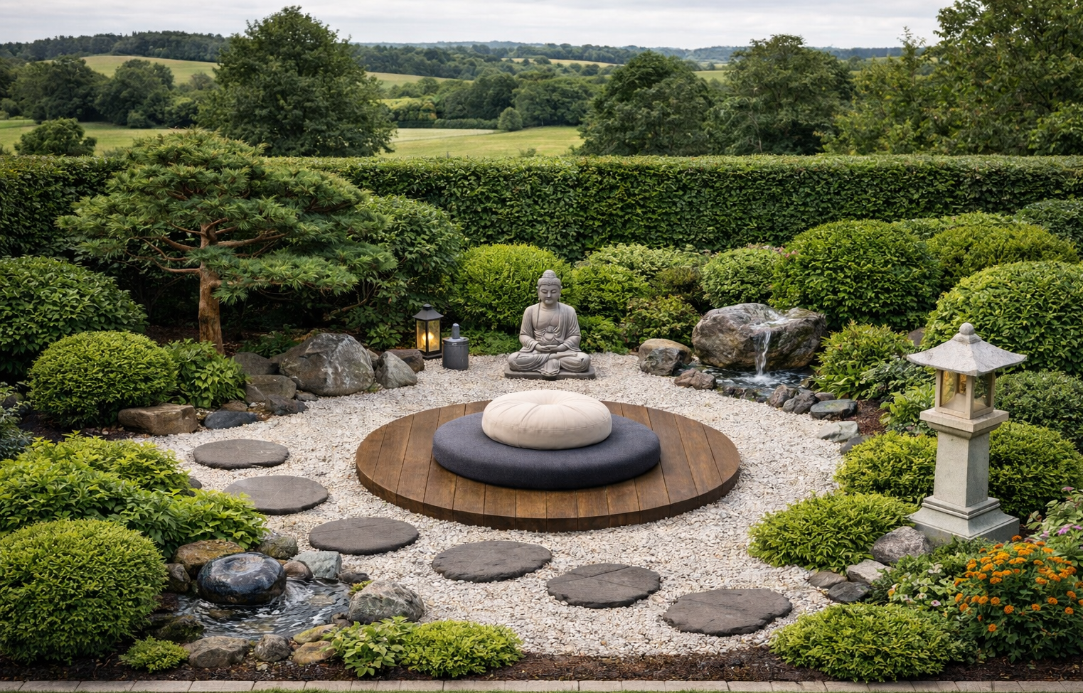 An AI generated, Japanese-inspired meditation area of a UK garden